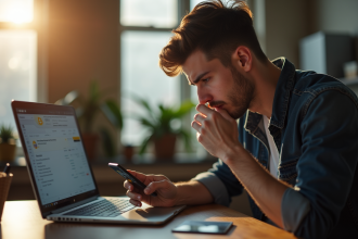 Jeune homme stressé devant son ordinateur avec messages d'erreur Binance