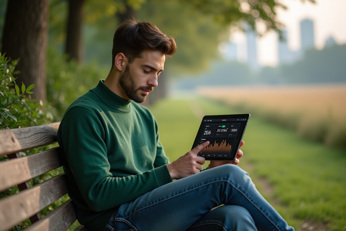 Jeune homme regardant une tablette Ethereum dans un parc