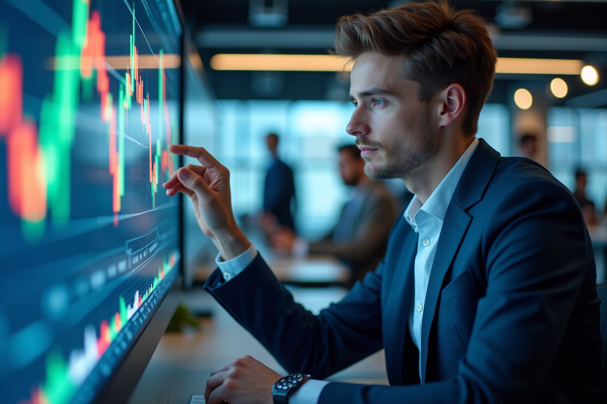 Jeune professionnel analysant graphiques boursiers colorés