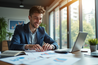 Jeune professionnel souriant dans un bureau moderne avec documents financiers