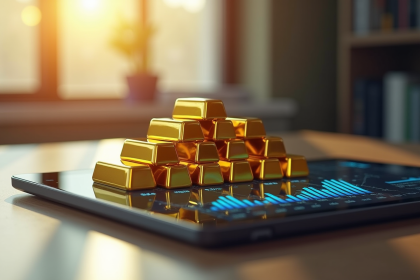 Lingots d'or empiles sur une tablette moderne avec graphiques 2030