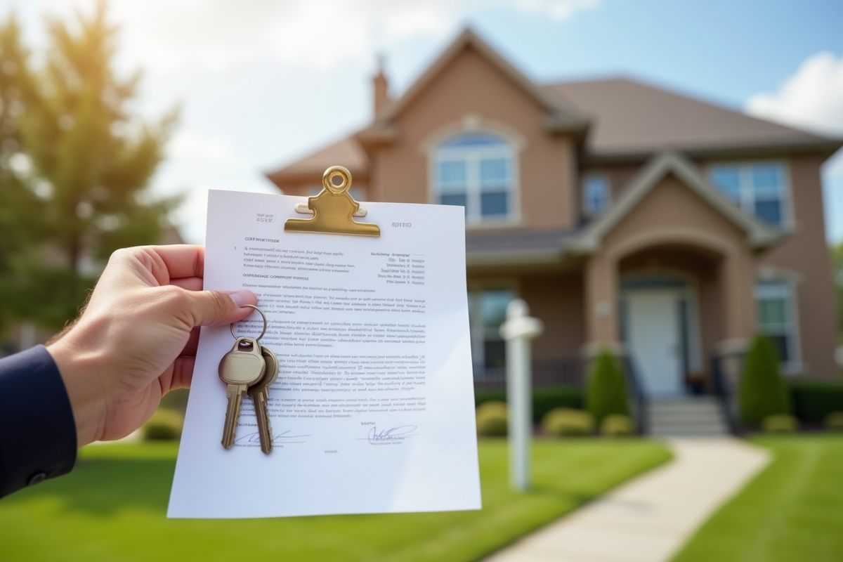Main tenant un contrat de mortgage avec une maison en arrière-plan