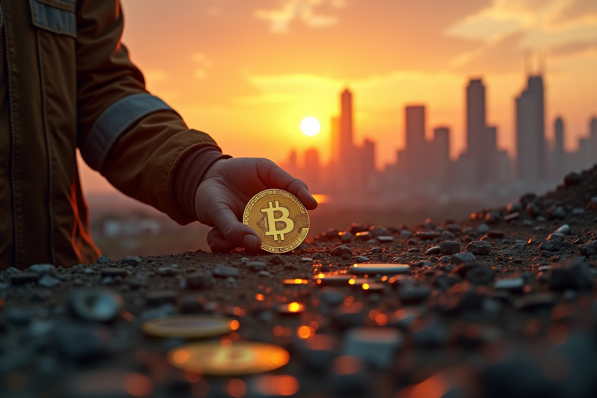Main de mineur tenant un bitcoin doré avec ville futuriste au lever du soleil