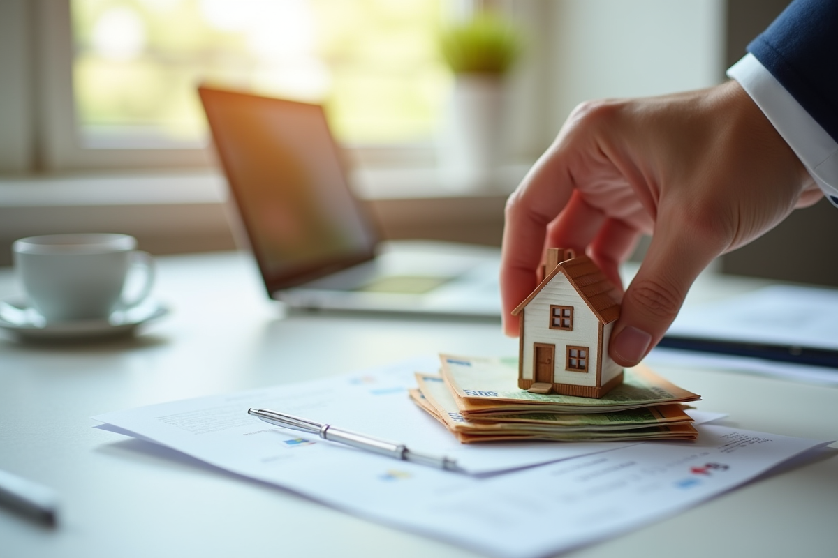 Main plaçant une petite maison en papier sur des billets d