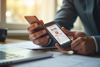 Main tenant un smartphone avec une application bancaire affichant un transfert