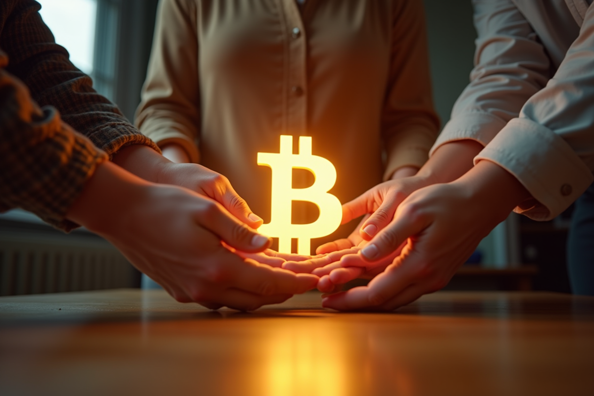Mains diverses tenant un symbole Bitcoin lumineux sur table en bois
