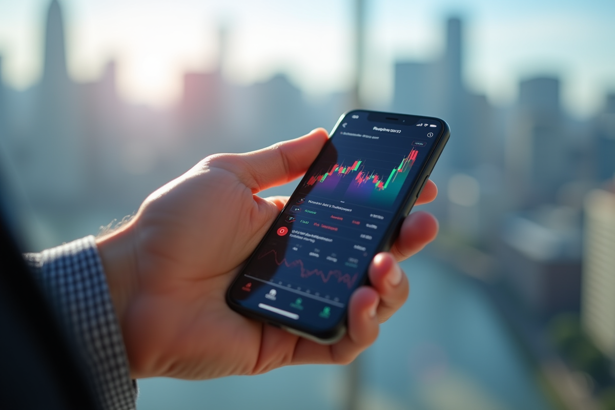 Mains tenant un smartphone avec graphique ETF coloré en lumière naturelle