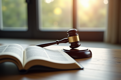 Marteau de juge en bois sur un livre de droit civil