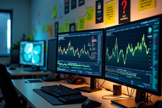 Configuration ordinateur avec écrans affichant des données de minage crypto
