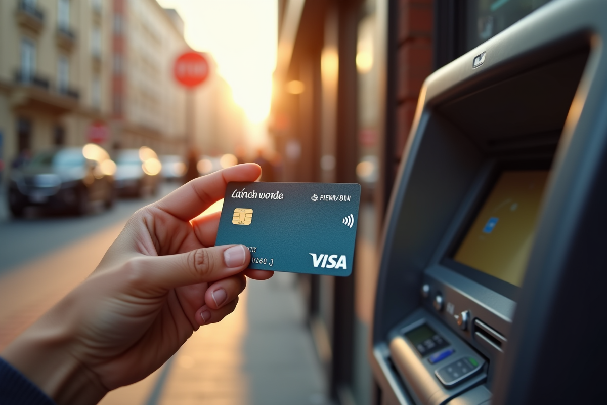 Main tenant une carte Visa Premier près d’un distributeur en ville