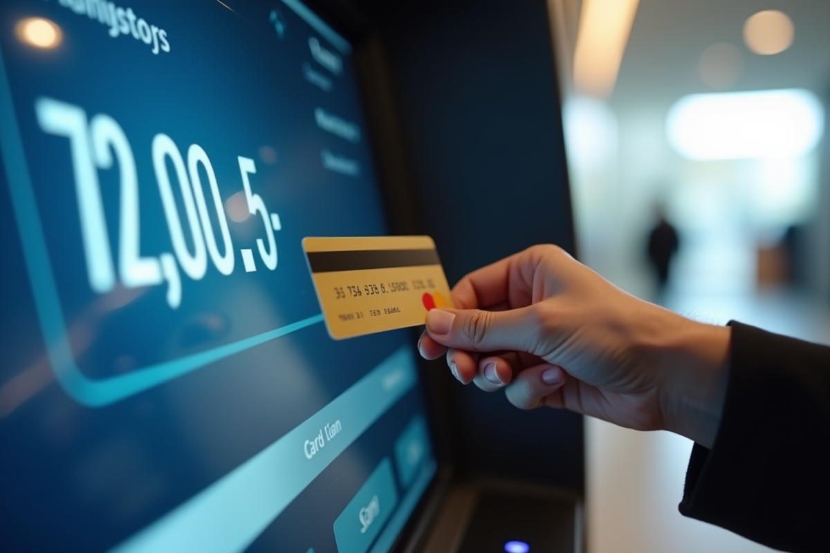 Main tenant une carte de crédit devant un écran de distributeur