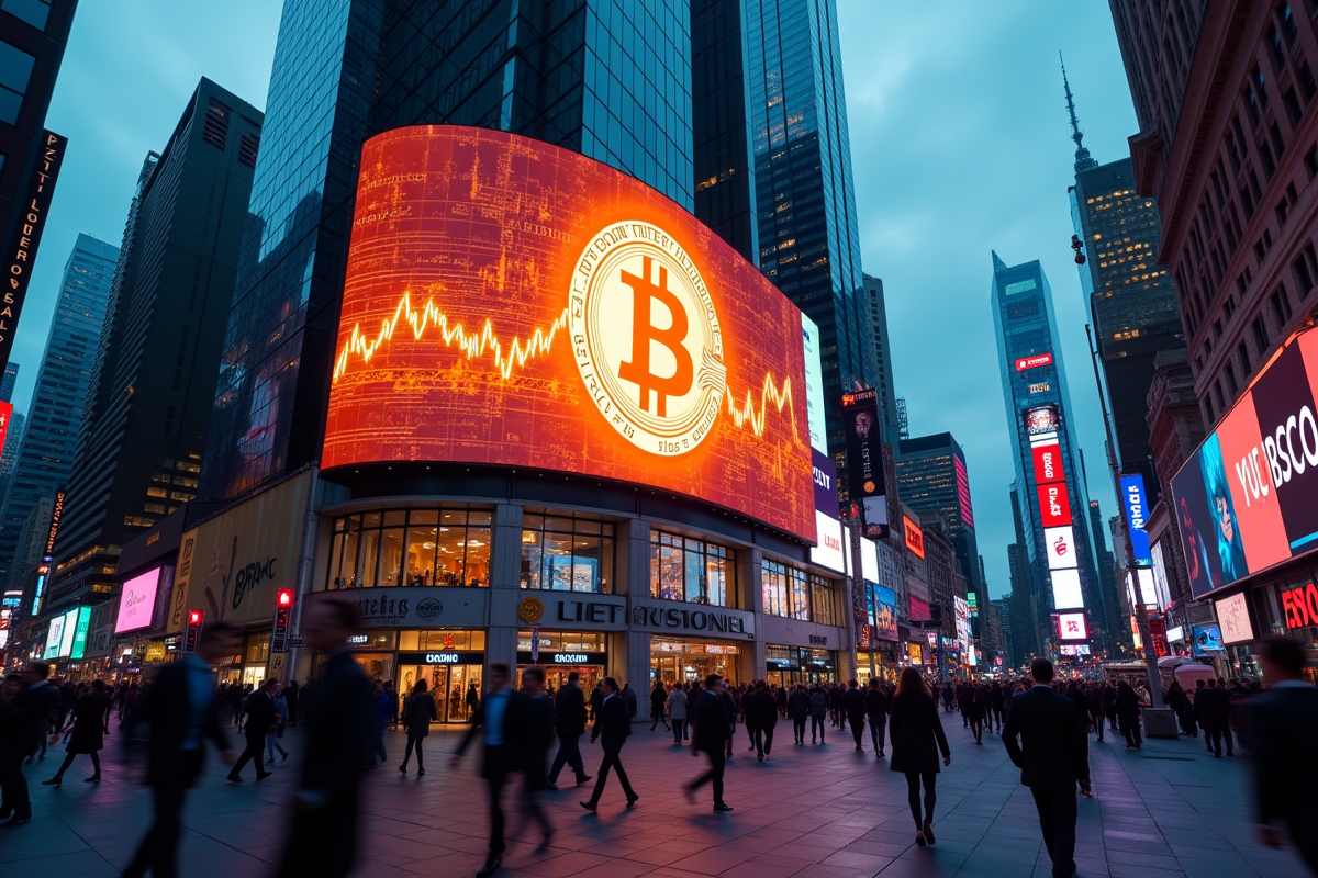 Panneau numérique en ville avec symbole bitcoin et données financières