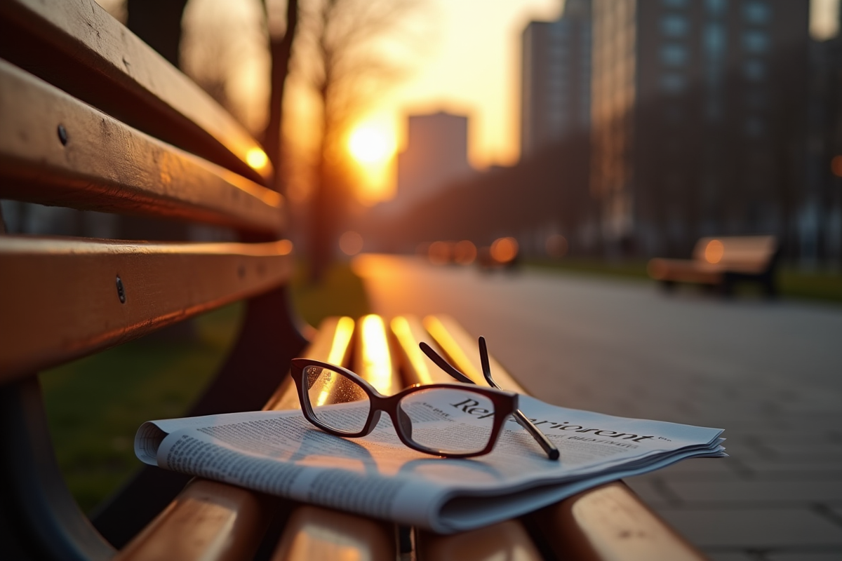 Parc au lever du soleil avec une chaise et journal