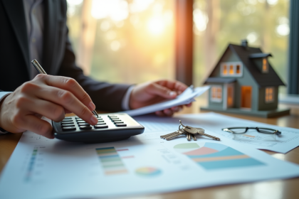 Personne utilisant une calculatrice et prenant des notes sur un bureau immobilier