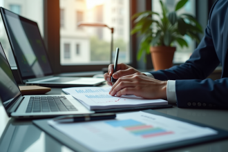 Personne confiante travaillant sur un bureau moderne avec documents financiers
