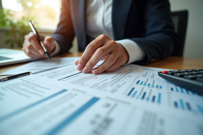 Personne en costume examinant documents de prêt immobilier