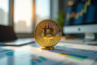 Pièce Bitcoin en or sur bureau lumineux avec appareils modernes