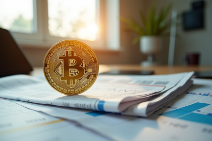 Pièce d or Bitcoin brillante sur des journaux financiers
