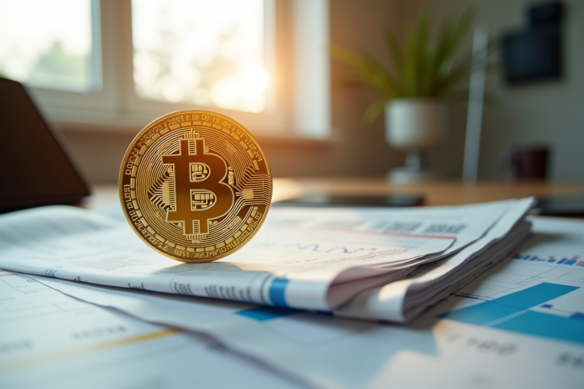 Pièce d or Bitcoin brillante sur des journaux financiers