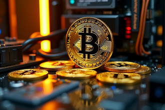 Pile de bitcoins brillants sur surface réfléchissante avec composants miniers