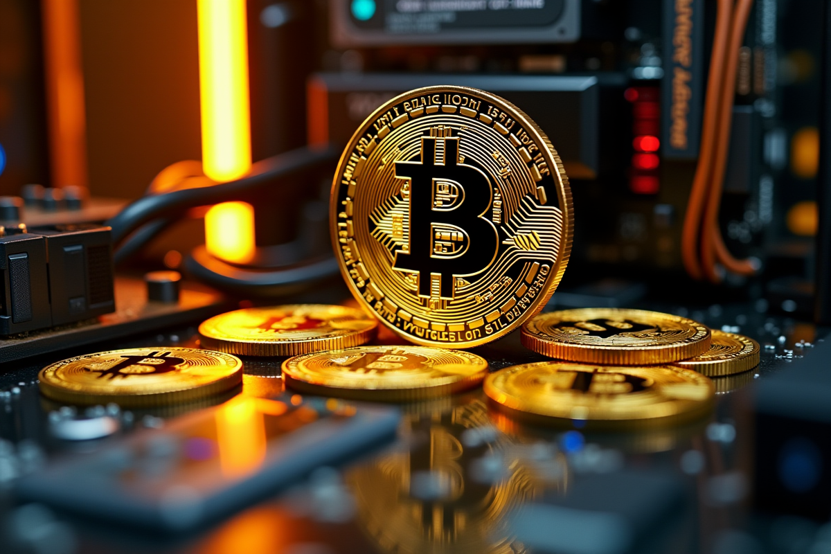 Pile de bitcoins brillants sur surface réfléchissante avec composants miniers
