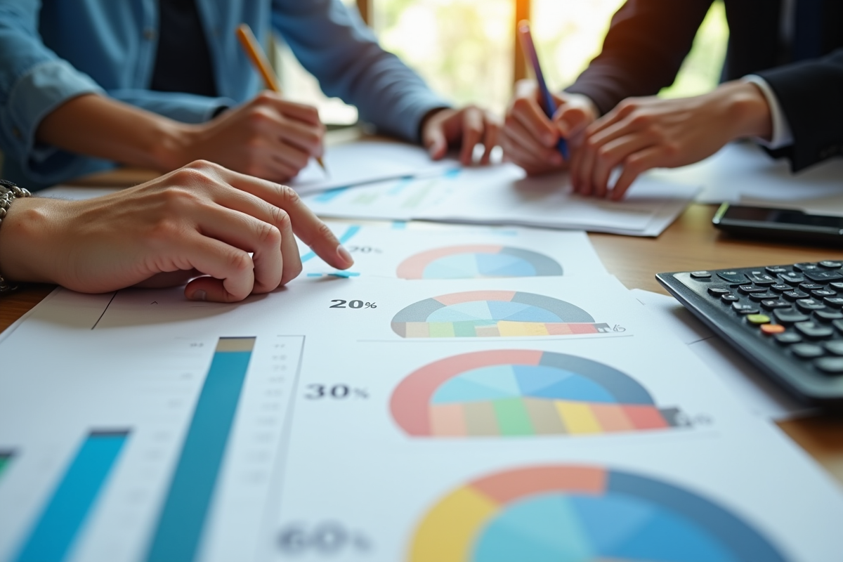 Mains diverses organisant des graphiques financiers sur un bureau