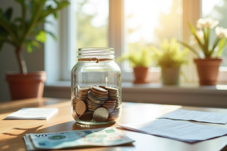 Pot de coins et billets sur une table lumineuse de cuisine
