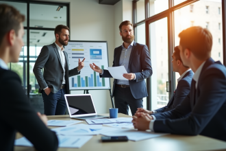 Entrepreneur confiant présentant un plan d'affaires aux investisseurs