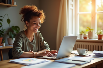 Professionnel souriant travaillant sur un ordinateur portable à domicile