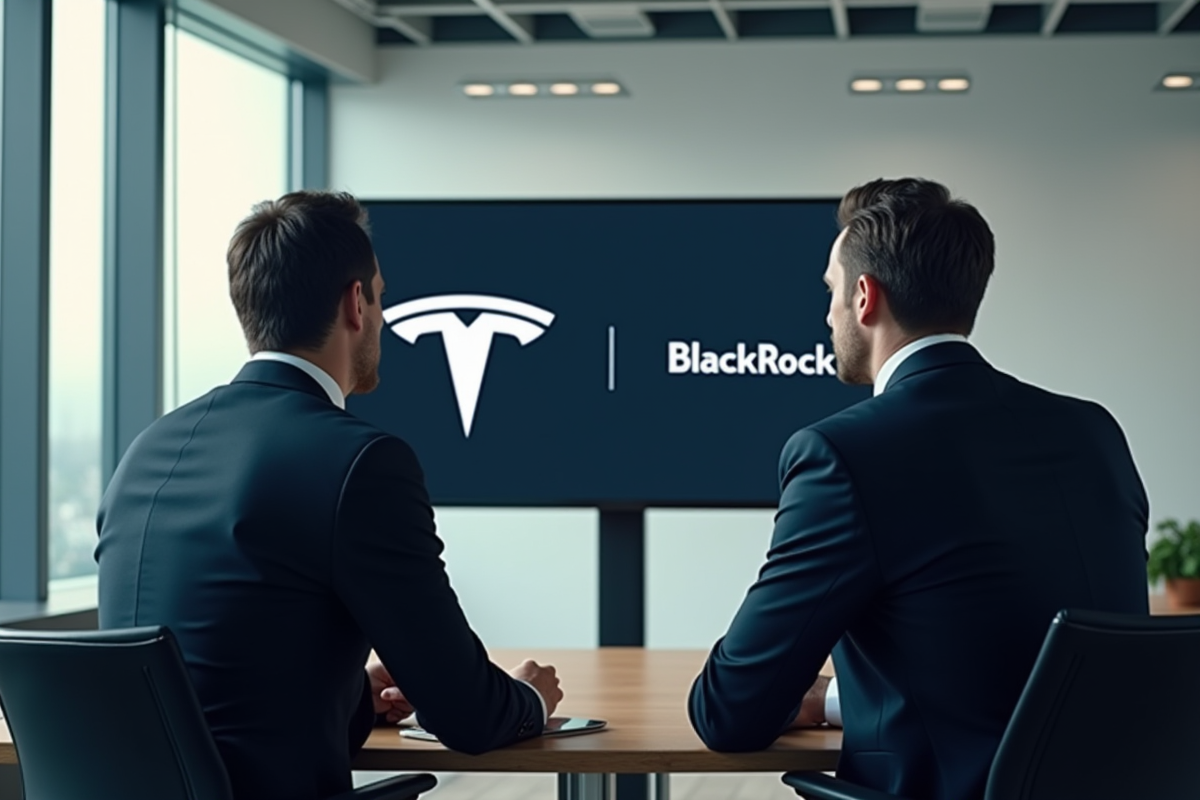 Deux professionnels discutant de Tesla dans un bureau lumineux