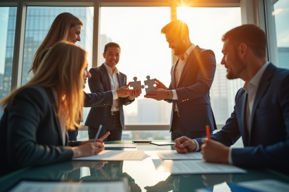 Quatre professionnels d'affaires assemblant un puzzle en réunion