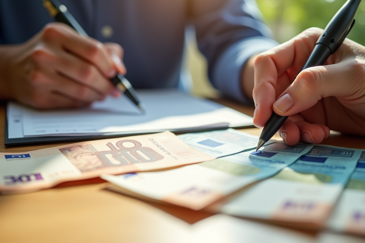 Main remplissant un formulaire financier avec des billets de 100 euros