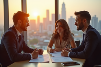 Jeune couple rencontrant un banquier dans un bureau moderne avec vue sur la ville