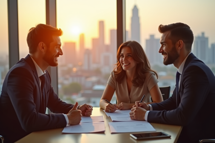 Jeune couple rencontrant un banquier dans un bureau moderne avec vue sur la ville