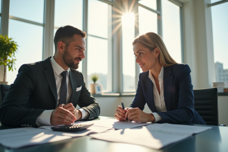 Personne élégante rencontrant un conseiller financier dans un bureau lumineux