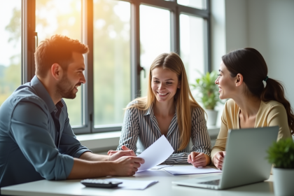 Jeune couple rencontrant un conseiller financier à un bureau lumineux