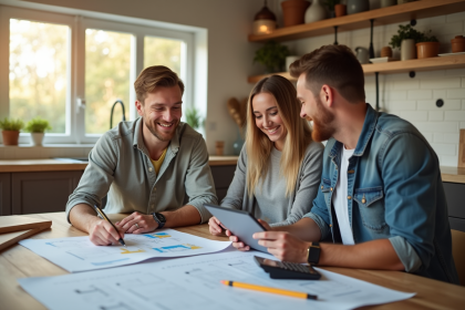 Couple souriant avec un entrepreneur lors d'une rénovation de maison