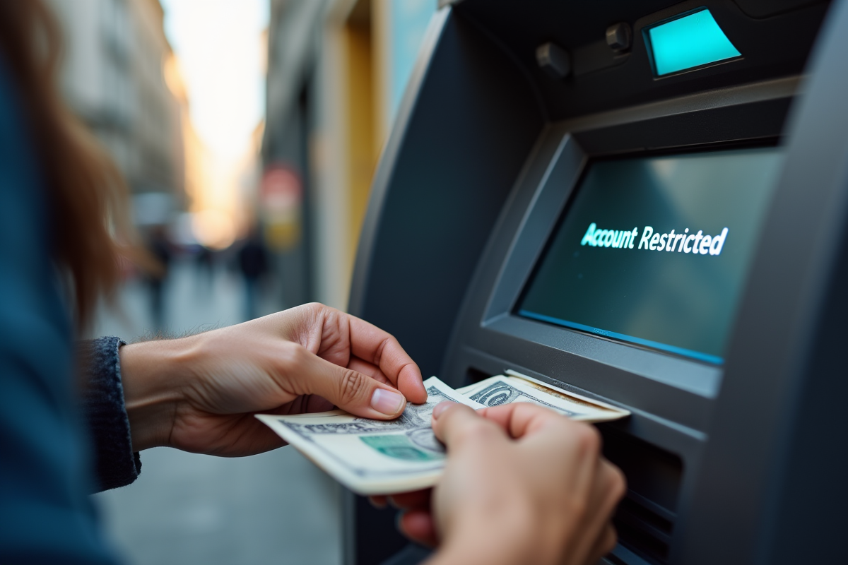 Main tentant un retrait ATM avec message compte restreint