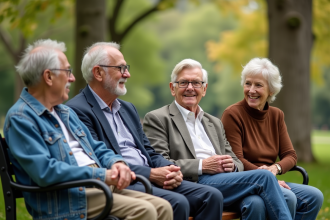 Groupe de retraités américains discutant dans un parc urbain