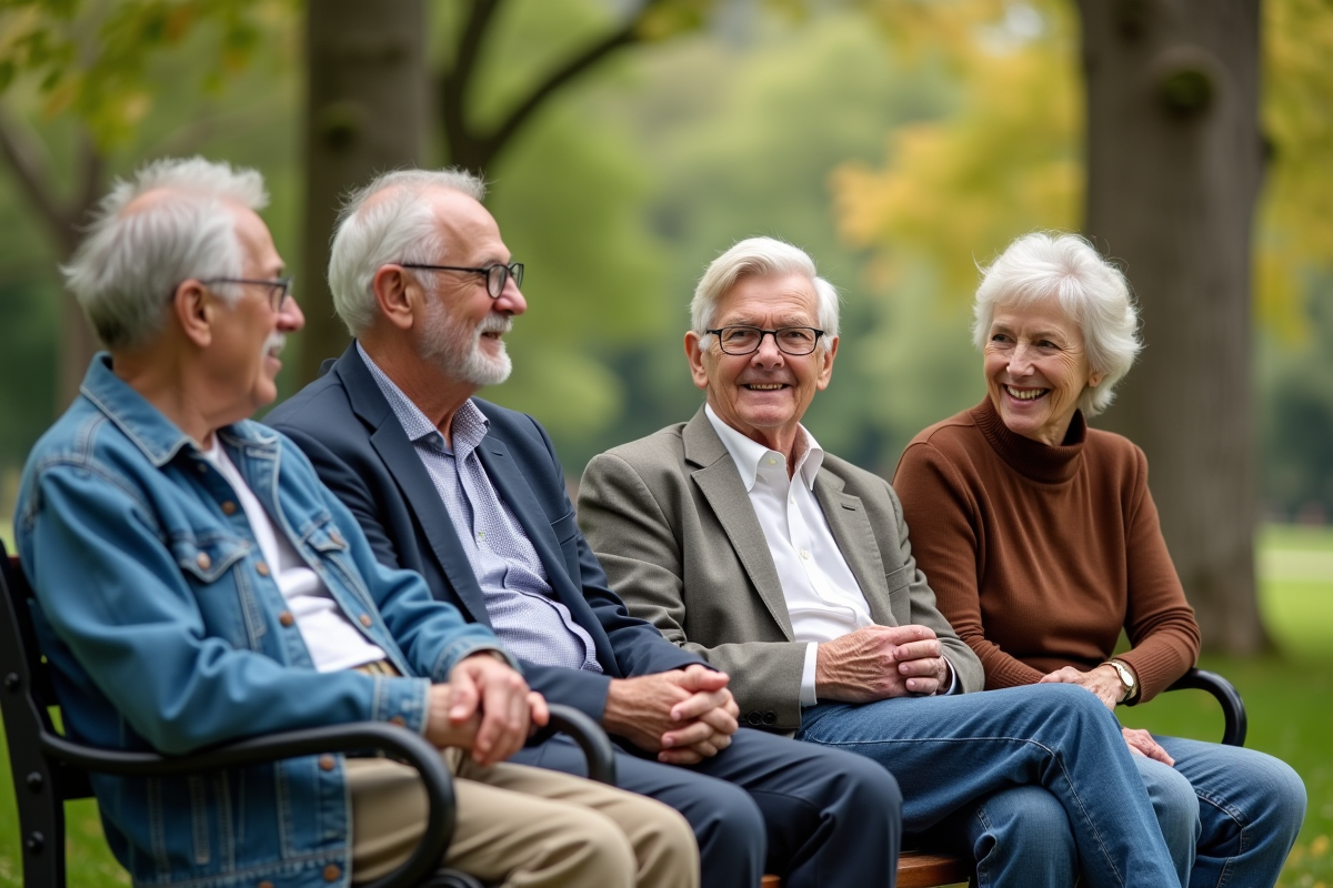 Groupe de retraités américains discutant dans un parc urbain