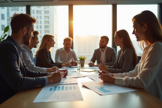 Réunion d'affaires avec professionnels analysant des graphiques financiers