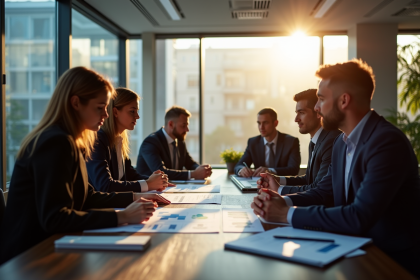 Réunion d'affaires dans un bureau moderne avec des professionnels analysant des graphiques