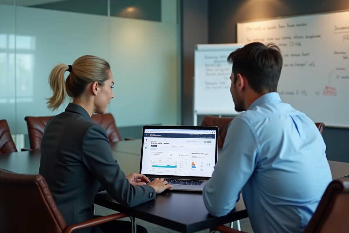 Deux professionnels analysant ensemble un tableau de bord de gestion de trésorerie en ligne lors d'une réunion d'entreprise