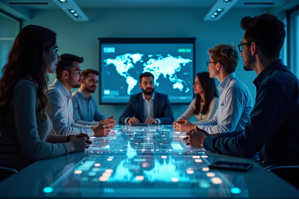 Groupe diversifié analysant tendances AI en hologrammes