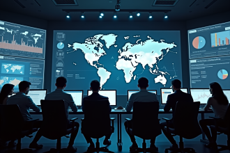 Salle de contrôle avec experts et cartes mondiales