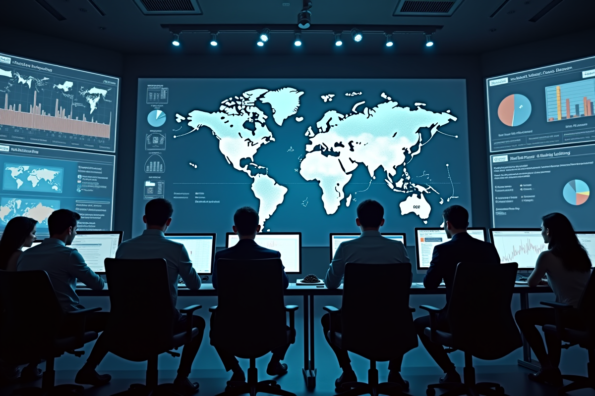 Salle de contrôle avec experts et cartes mondiales