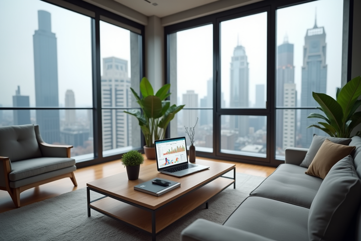Salon moderne avec vue urbaine et graphique immobilier sur un ordinateur portable
