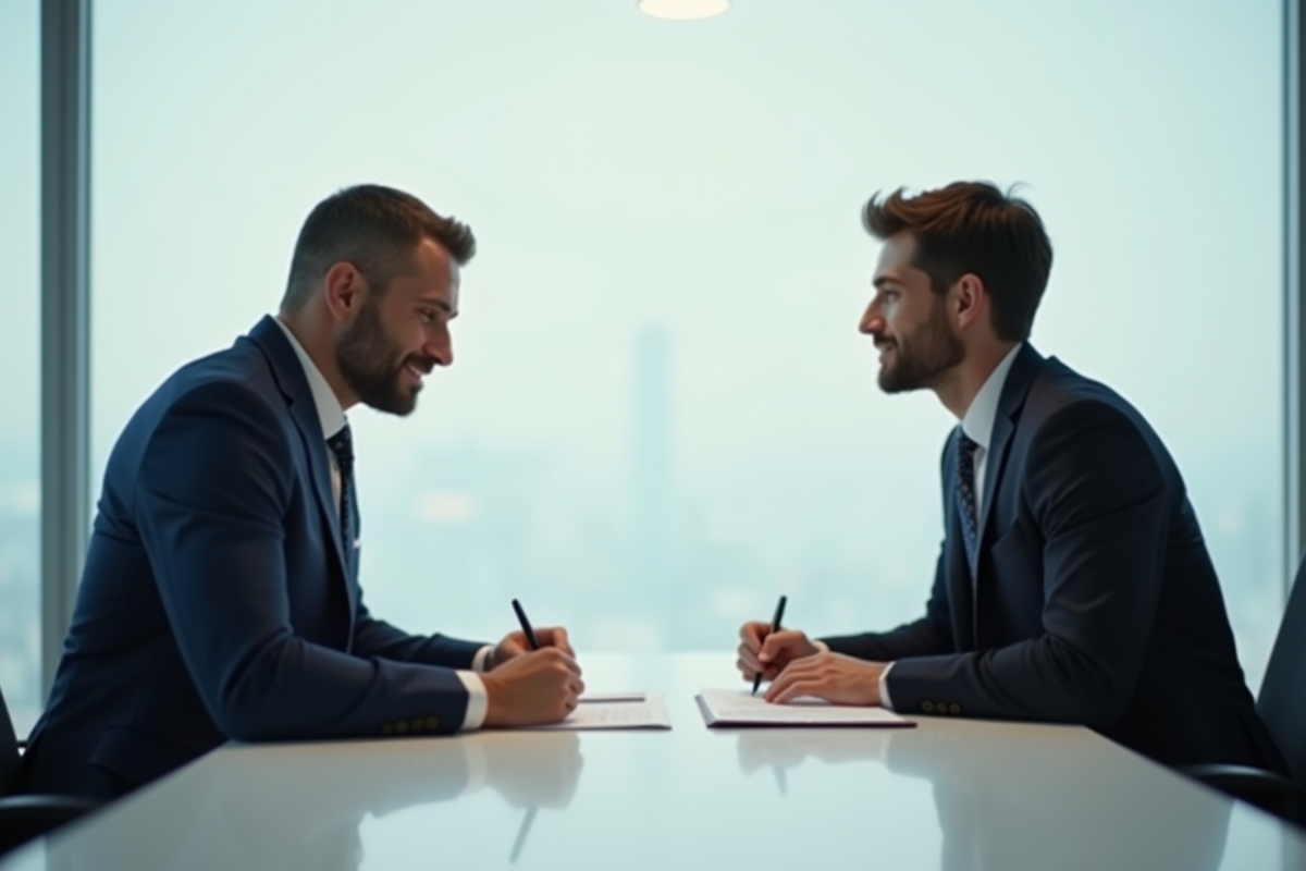 Conseiller bancaire et client signant des documents dans un bureau moderne