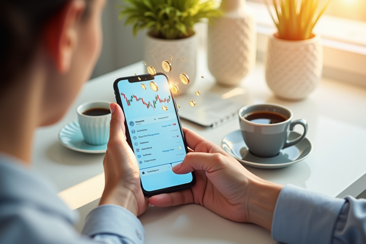 Main tenant un smartphone avec application de trading crypto sur table ensoleillee