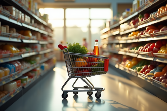 Aisle de supermarché animé avec chariot rempli de produits quotidiens